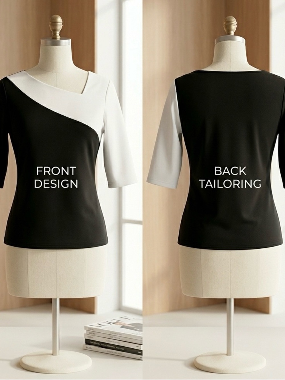 Women’s Two-Tone Black and White Asymmetric Neck Top